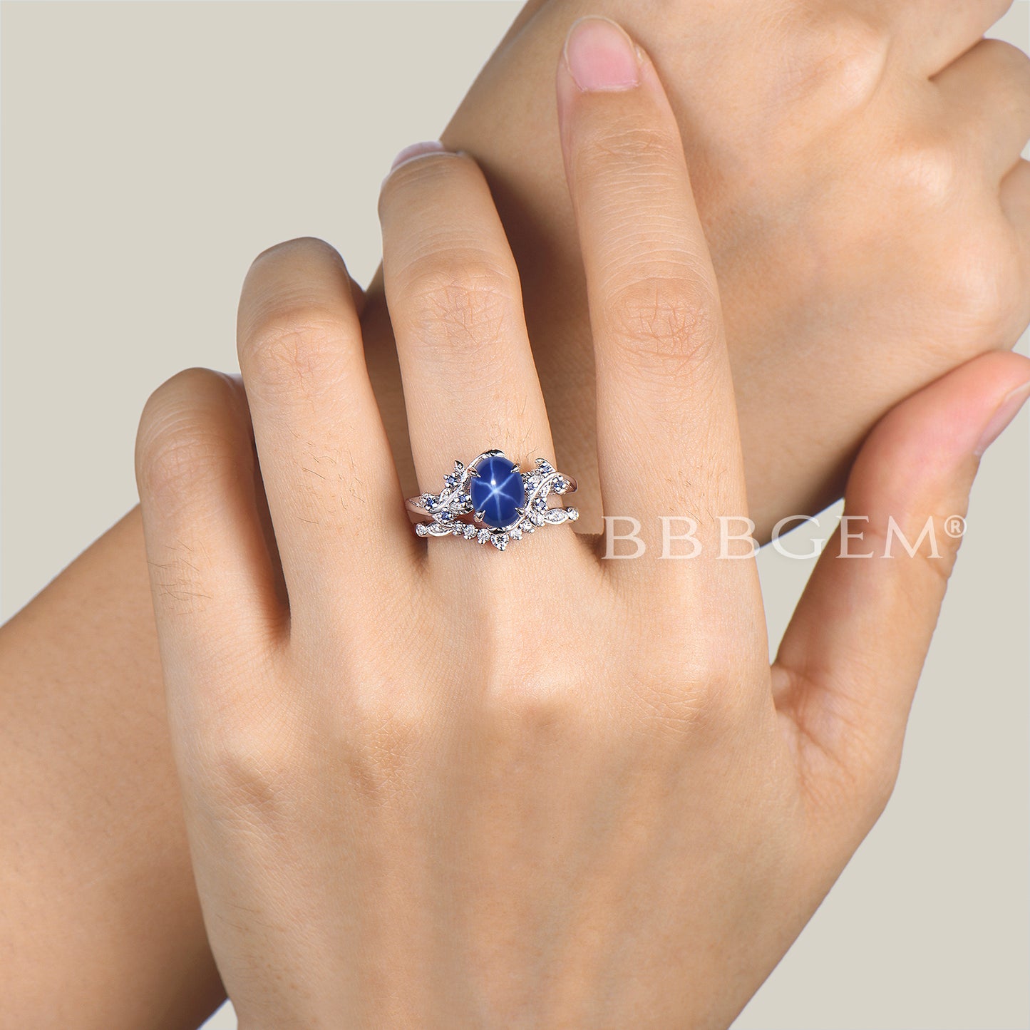 Oval Cut Star Blue Spphire Wedding Ring Diamond Curved Nature Inspired Ring Set