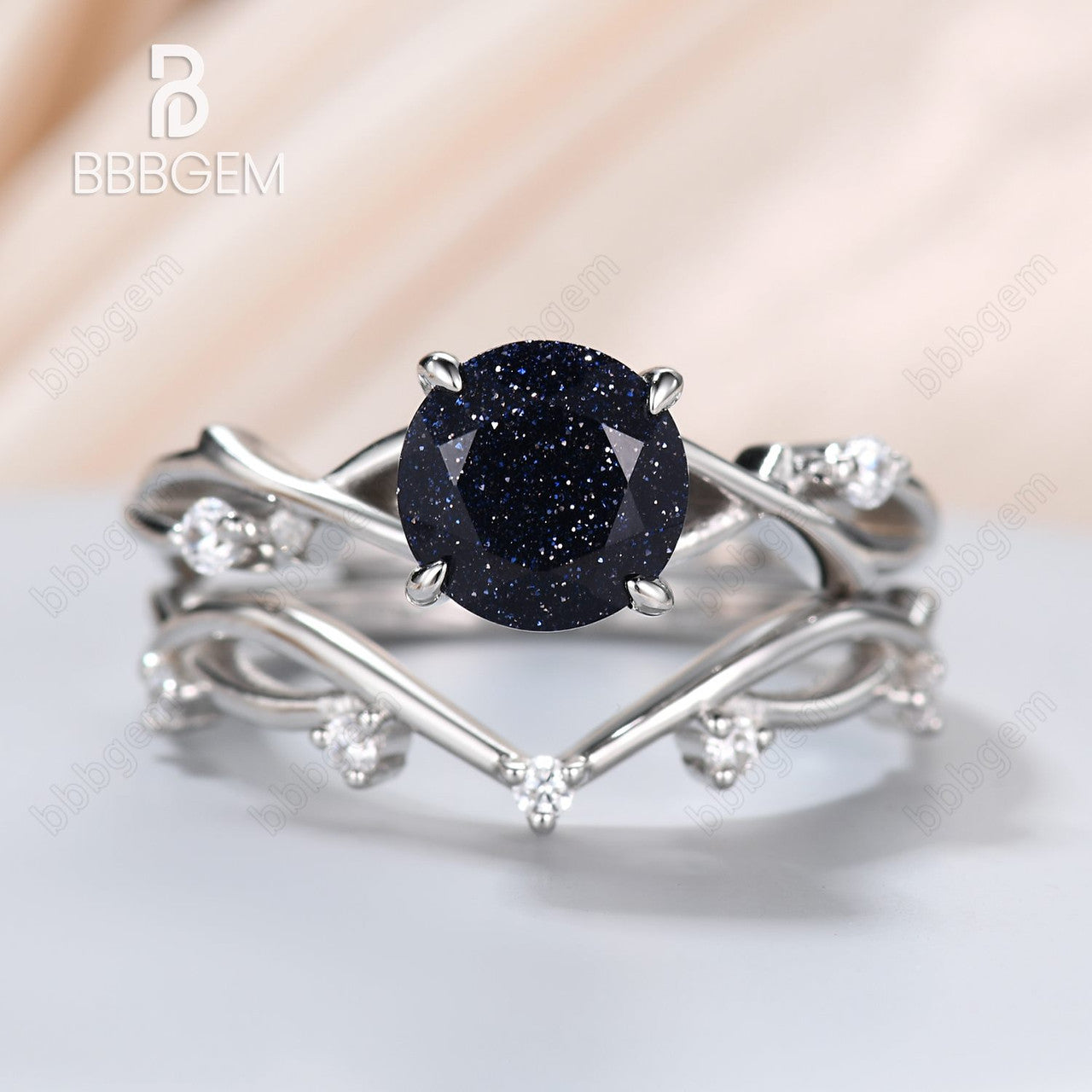 Vintage Twig Ring For Woman Twisted Ring Wedding Ring Round Bluesandstone-Blue Goldstone twig branch wedding ring-bbbgem white gold blue sandstone ring