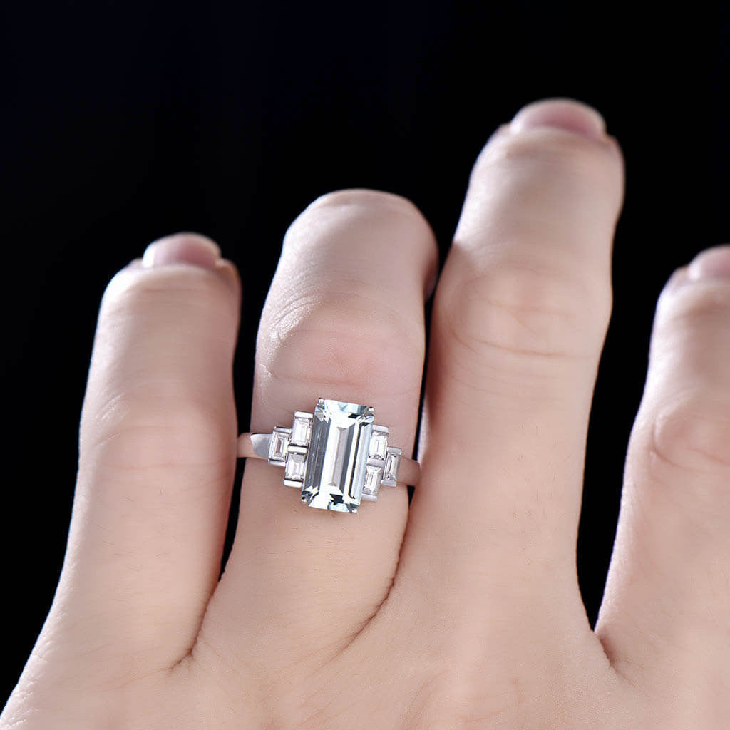 aquamarine diamond engagement ring-BBBGEM Emerald Cut Aquamarine Ring