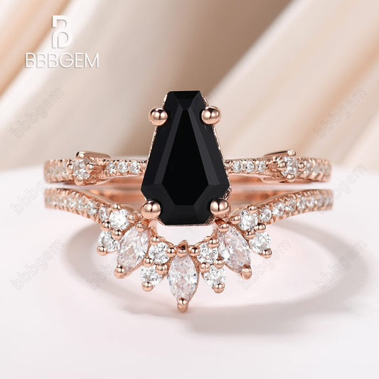 Black Onyx Coffin Ring Set Rose Gold-Unique Rose Gold Coffin Cut Wedding Ring Set For Women In Sterling Silver-BBBGEM Coffin Ring