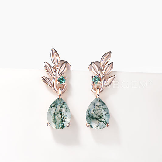 1.25CT Pear Cut Moss Agate Drop Earrings Emerald Leaf Nature Inspired Earrings