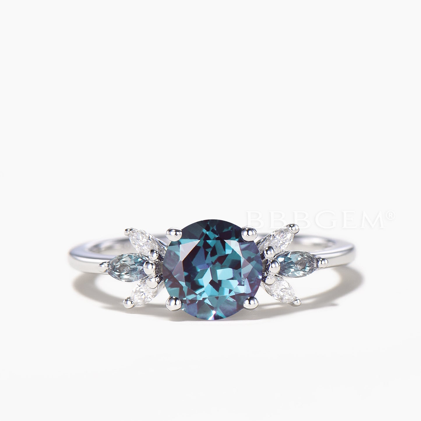 Round Cut Color-change Alexandrite Wedding Ring Marquise Diamond Cluster Ring
