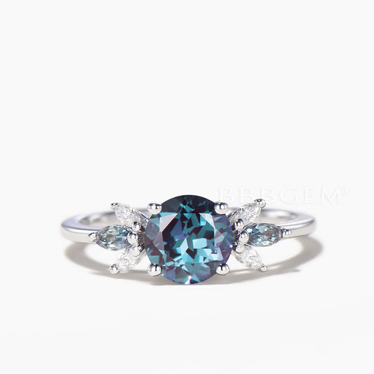 Round Cut Color-change Alexandrite Wedding Ring Marquise Diamond Cluster Ring