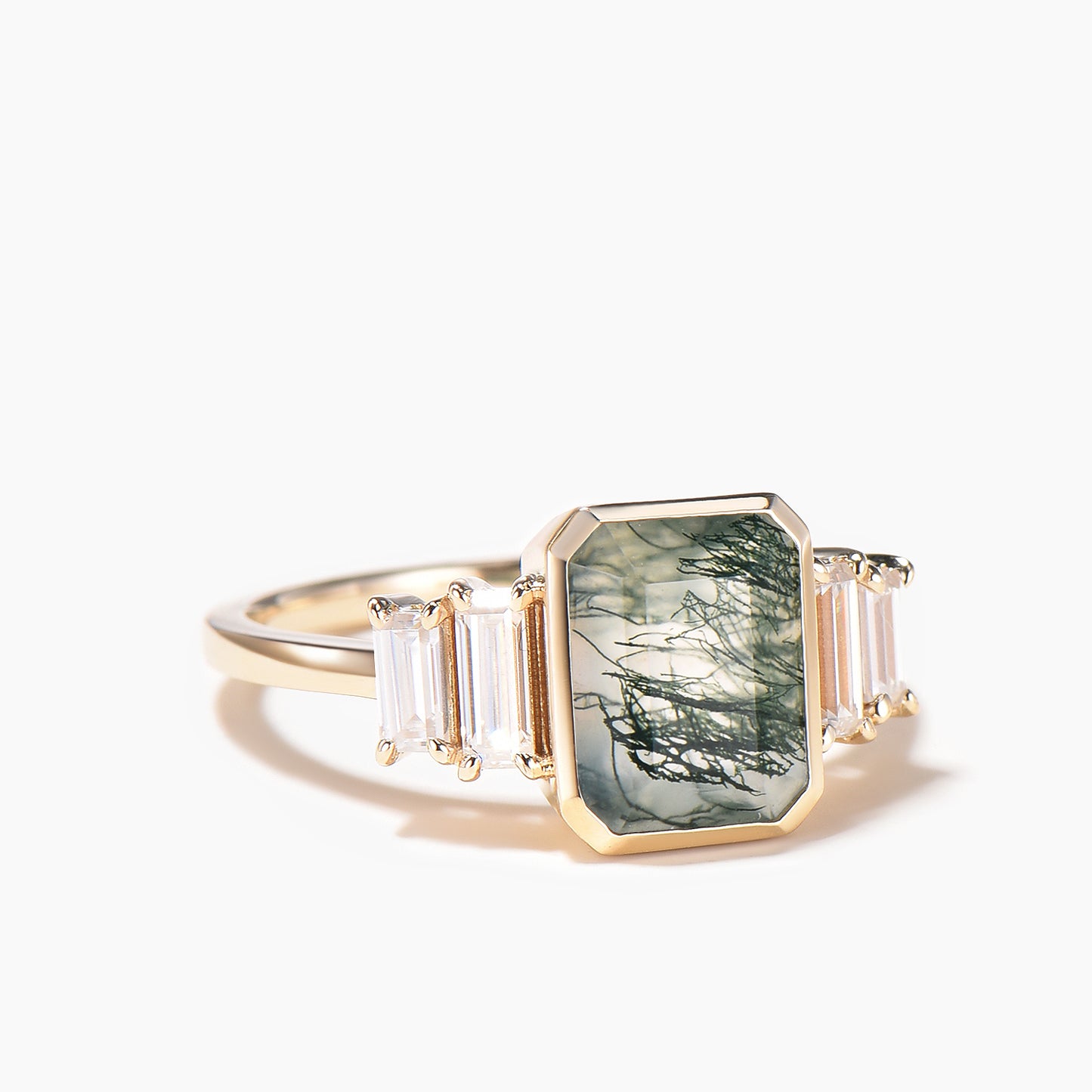 Emerald Cut Natural Moss Agate Engagement Ring Baguette Moissanite Ring