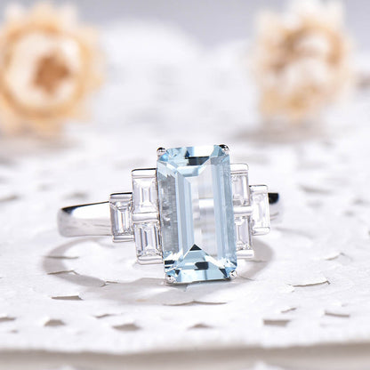 Aquamarine Ring White Gold-BBBGEM Emerald Cut Aquamarine Ring