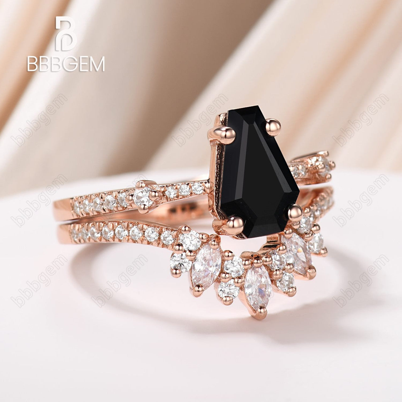 Black Onyx Coffin Ring Set Rose Gold-Unique Rose Gold Coffin Cut Wedding Ring Set For Women In Sterling Silver-BBBGEM Coffin Ring