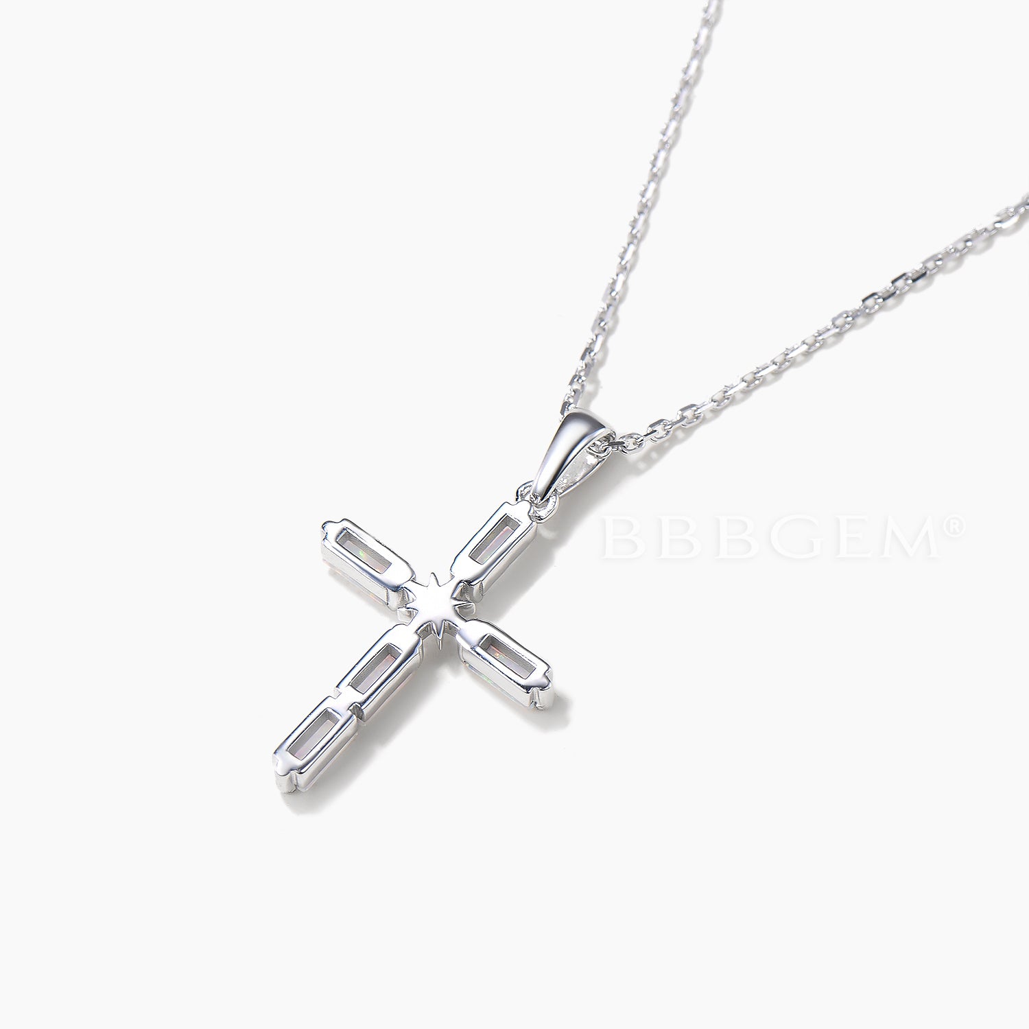 Baguette Cut White Opal Cross Necklace White Gold Starburst 5