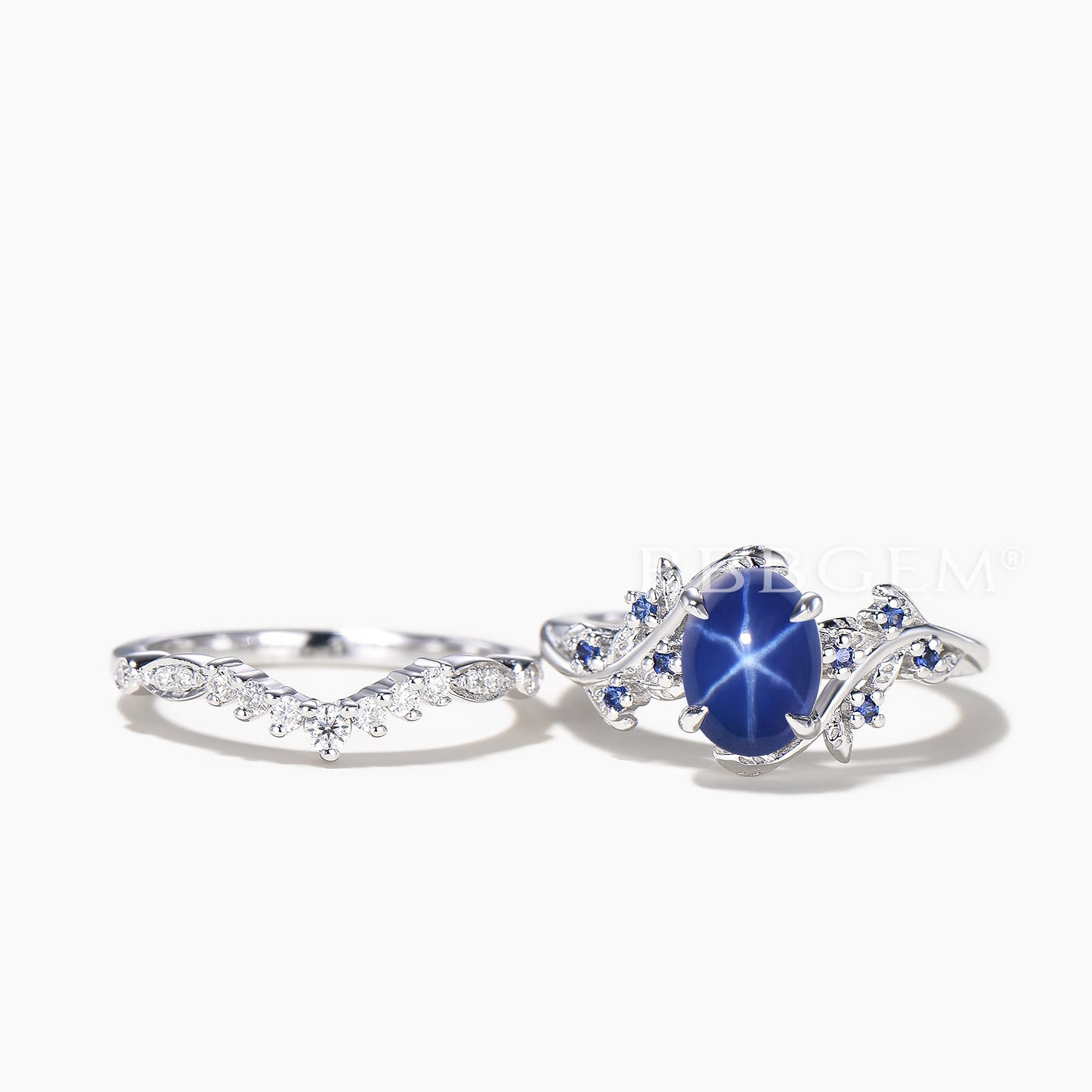 Oval Cut Star Blue Spphire Wedding Ring Diamond Curved Nature Inspired Ring Set