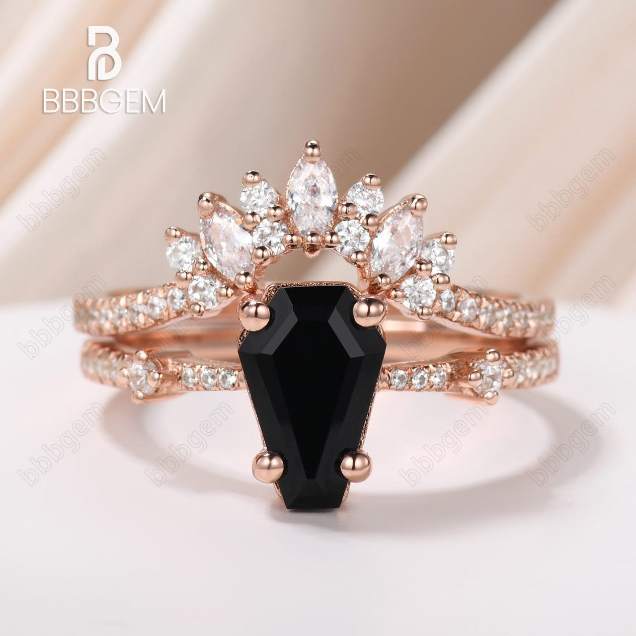 Black Onyx Coffin Ring Set Rose Gold-Unique Rose Gold Coffin Cut Wedding Ring Set For Women In Sterling Silver-BBBGEM Coffin Ring