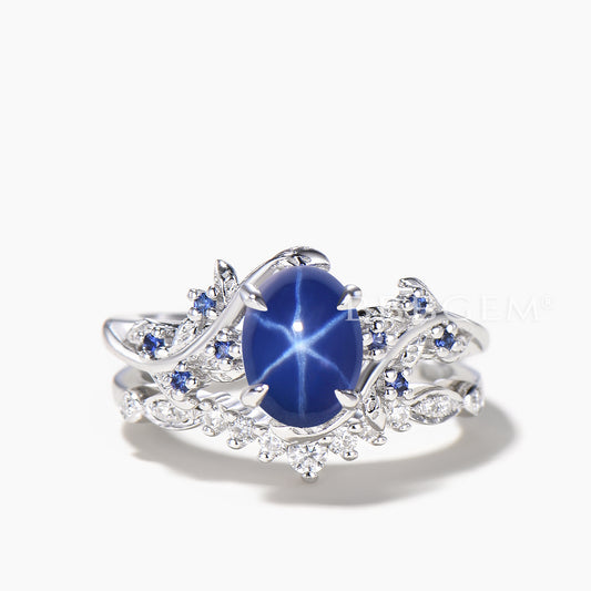 Oval Cut Star Blue Spphire Wedding Ring Diamond Curved Nature Inspired Ring Set