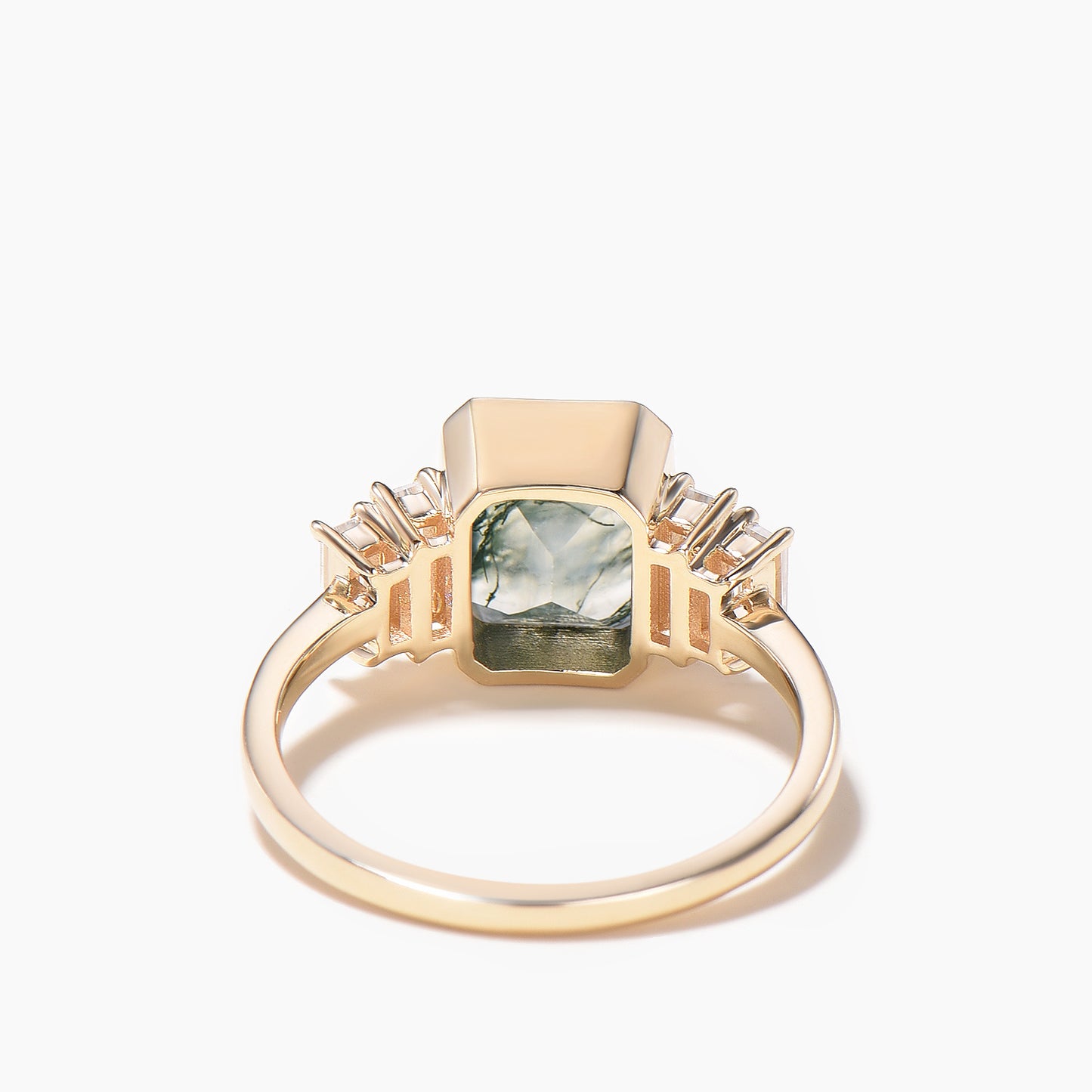 Emerald Cut Natural Moss Agate Engagement Ring Baguette Moissanite Ring