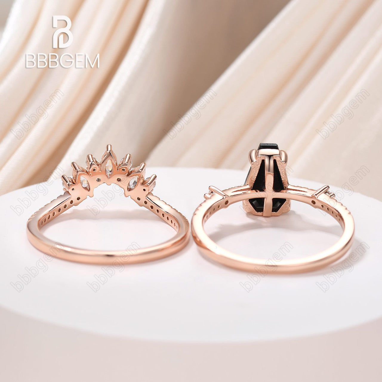 Black Onyx Coffin Ring Set Rose Gold-Unique Rose Gold Coffin Cut Wedding Ring Set For Women In Sterling Silver-BBBGEM Coffin Ring