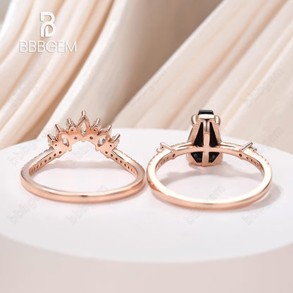 Black Onyx Coffin Ring Set Rose Gold-Unique Rose Gold Coffin Cut Wedding Ring Set For Women In Sterling Silver-BBBGEM Coffin Ring