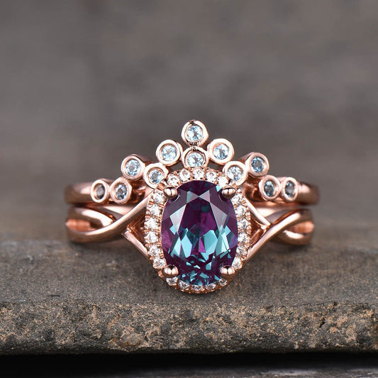 Split Shank Alexandrite Ring Set-Twisted Alexandrite Bridal Set