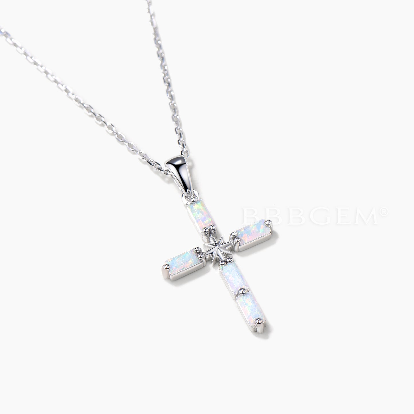 Baguette Cut White Opal Cross Necklace White Gold Starburst 5 Stone Pendant