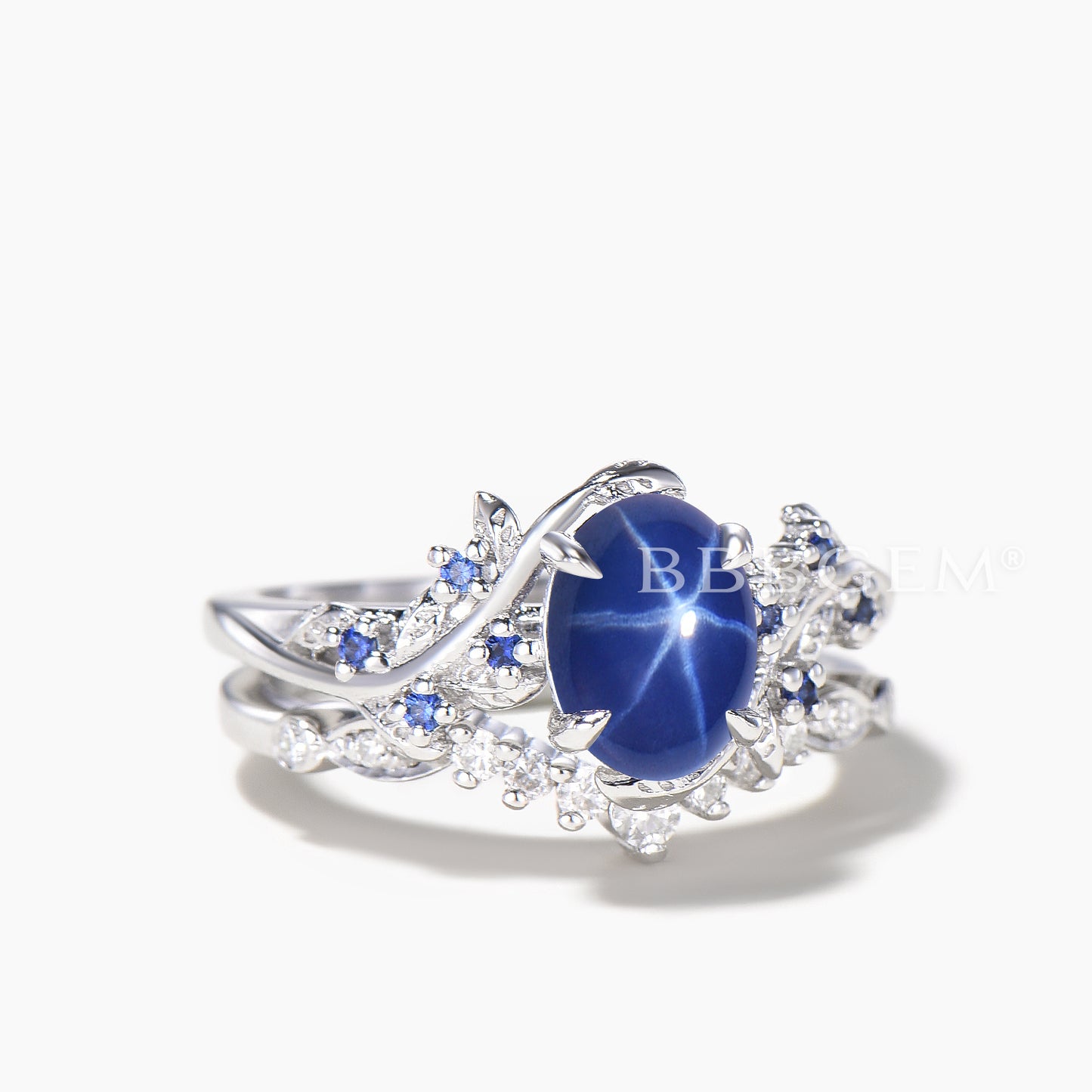 Oval Cut Star Blue Spphire Wedding Ring Diamond Curved Nature Inspired Ring Set
