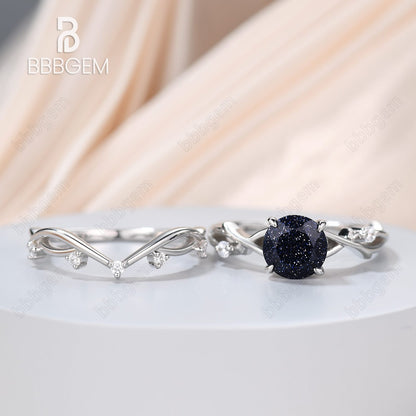 Vintage Twig Ring For Woman Twisted Ring Wedding Ring Round Bluesandstone-Blue Goldstone twig branch wedding ring-bbbgem white gold blue sandstone ring