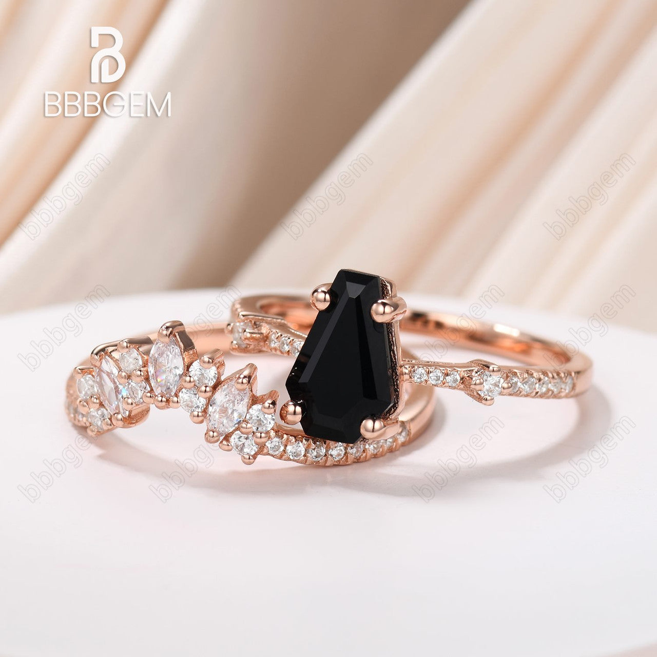 Black Onyx Coffin Ring Set Rose Gold-Unique Rose Gold Coffin Cut Wedding Ring Set For Women In Sterling Silver-BBBGEM Coffin Ring