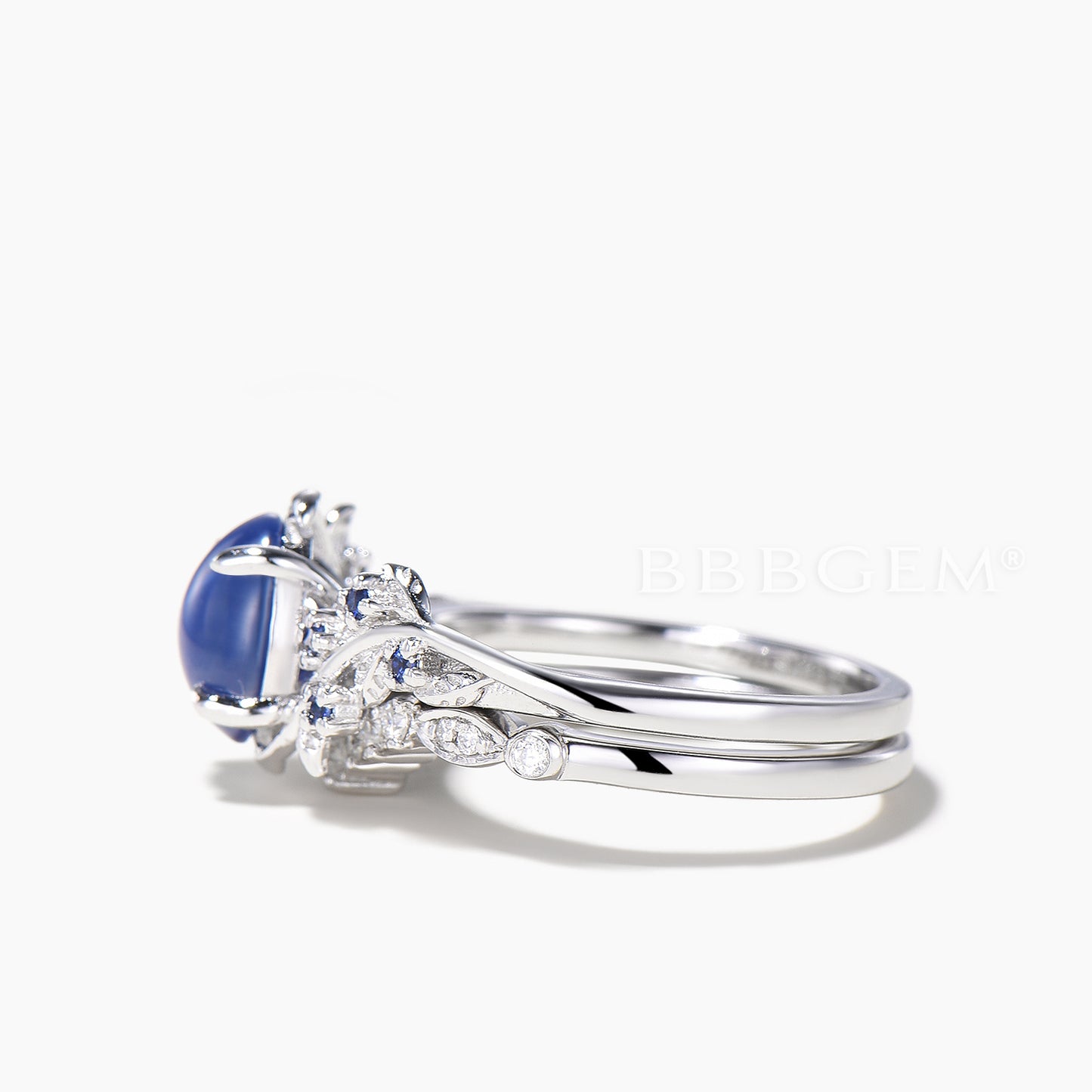 Oval Cut Star Blue Spphire Wedding Ring Diamond Curved Nature Inspired Ring Set
