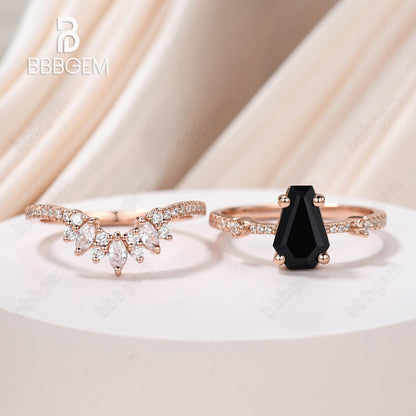 Black Onyx Coffin Ring Set Rose Gold-Unique Rose Gold Coffin Cut Wedding Ring Set For Women In Sterling Silver-BBBGEM Coffin Ring