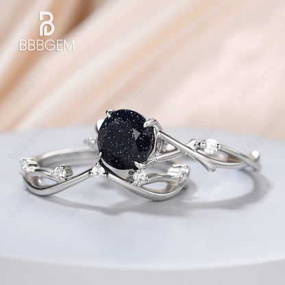 Vintage Twig Ring For Woman Twisted Ring Wedding Ring Round Bluesandstone-Blue Goldstone twig branch wedding ring-bbbgem white gold blue sandstone ring