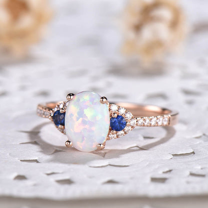 Opal And Sapphire Ring-BBBGEM Three Stone Opal And Blue Sapphire Ring