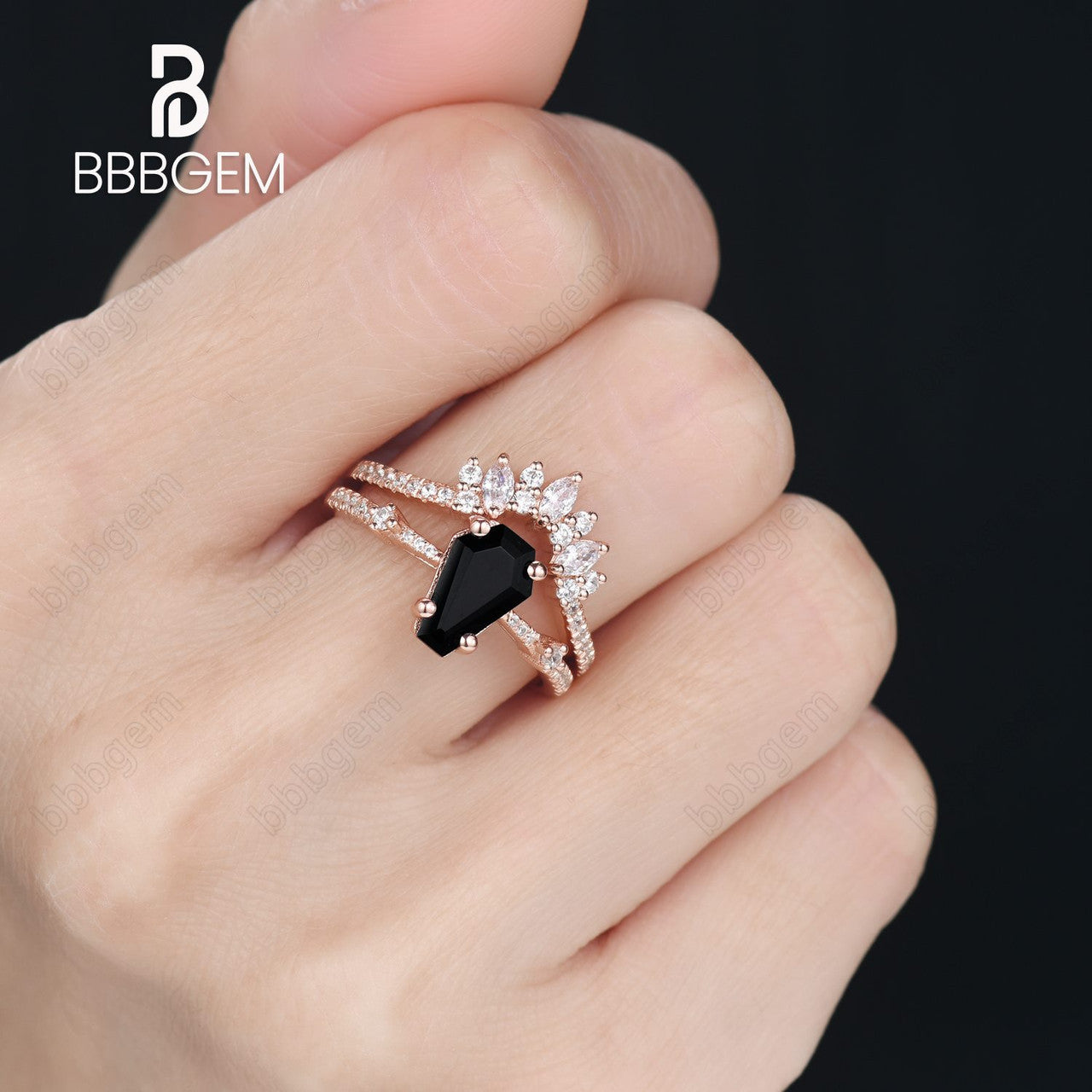 Black Onyx Coffin Ring Set Rose Gold-Unique Rose Gold Coffin Cut Wedding Ring Set For Women In Sterling Silver-BBBGEM Coffin Ring