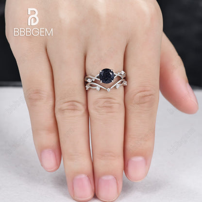 Vintage Twig Ring For Woman Twisted Ring Wedding Ring Round Bluesandstone-Blue Goldstone twig branch wedding ring-bbbgem white gold blue sandstone ring