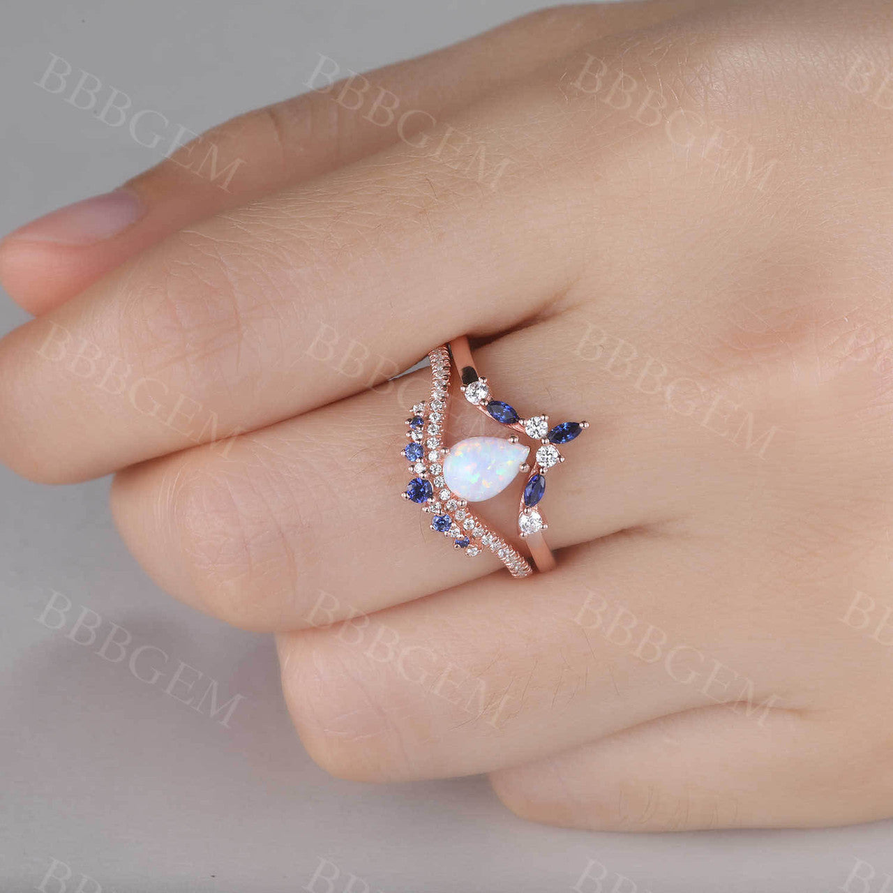 Pear Shaped Opal Engagement Ring Diamond Wedding Set Curve Blue Sapphire Stacking Band Bridal Set