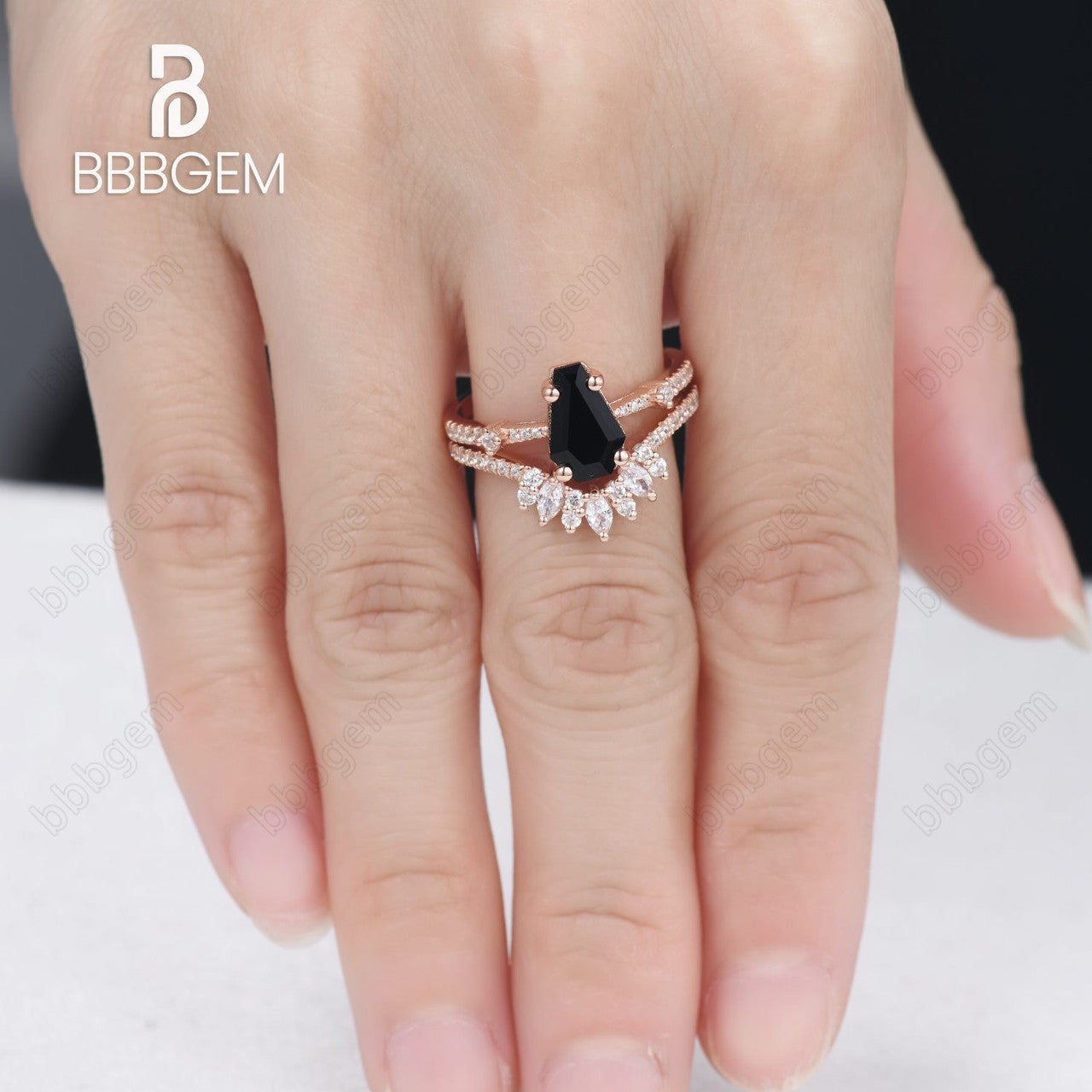 Black Onyx Coffin Ring Set Rose Gold-Unique Rose Gold Coffin Cut Wedding Ring Set For Women In Sterling Silver-BBBGEM Coffin Ring