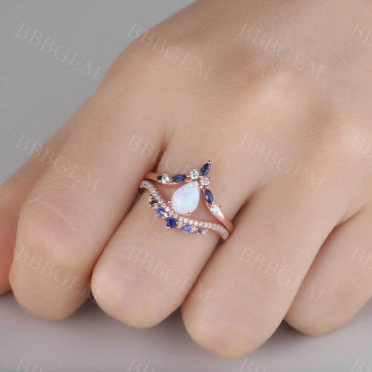 Pear Shaped Opal Engagement Ring Diamond Wedding Set Curve Blue Sapphire Stacking Band Bridal Set