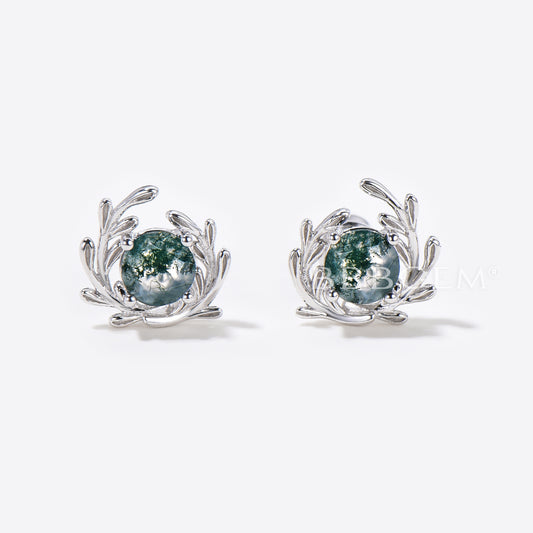 Round Natural Moss Agate Leaf Stud Earrings 14k White Gold Boho Earrings