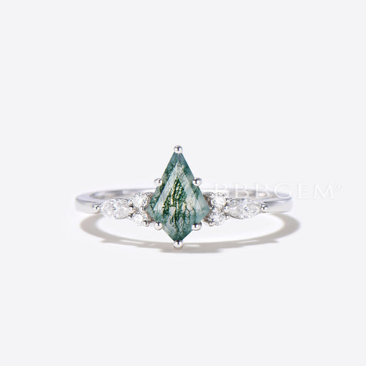 Seven Stone Kite Moss Agate Ring White Gold Diamond Engagement Ring