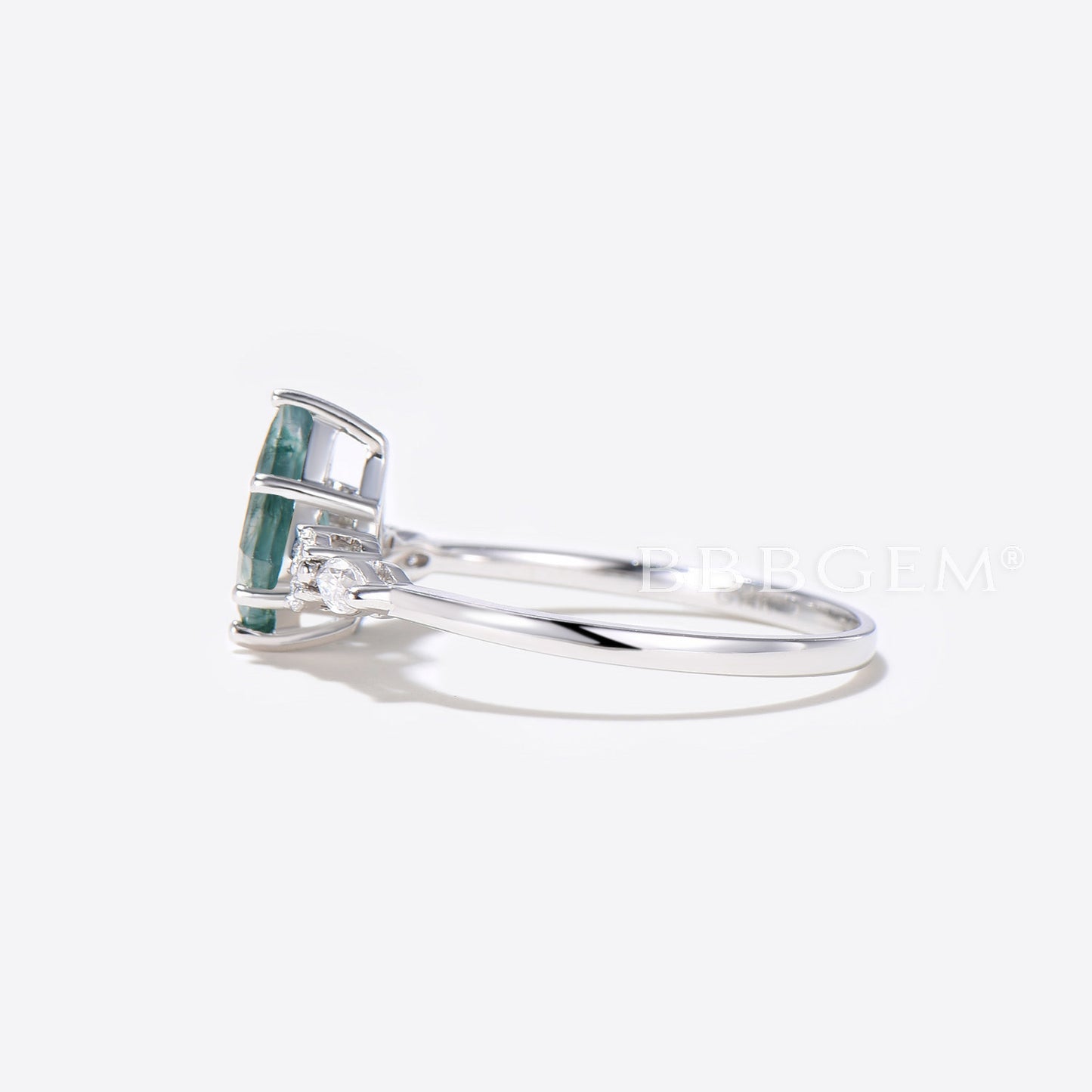 Seven Stone Kite Moss Agate Ring White Gold Diamond Engagement Ring