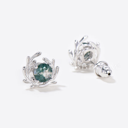 Round Natural Moss Agate Leaf Stud Earrings 14k White Gold Boho Earrings