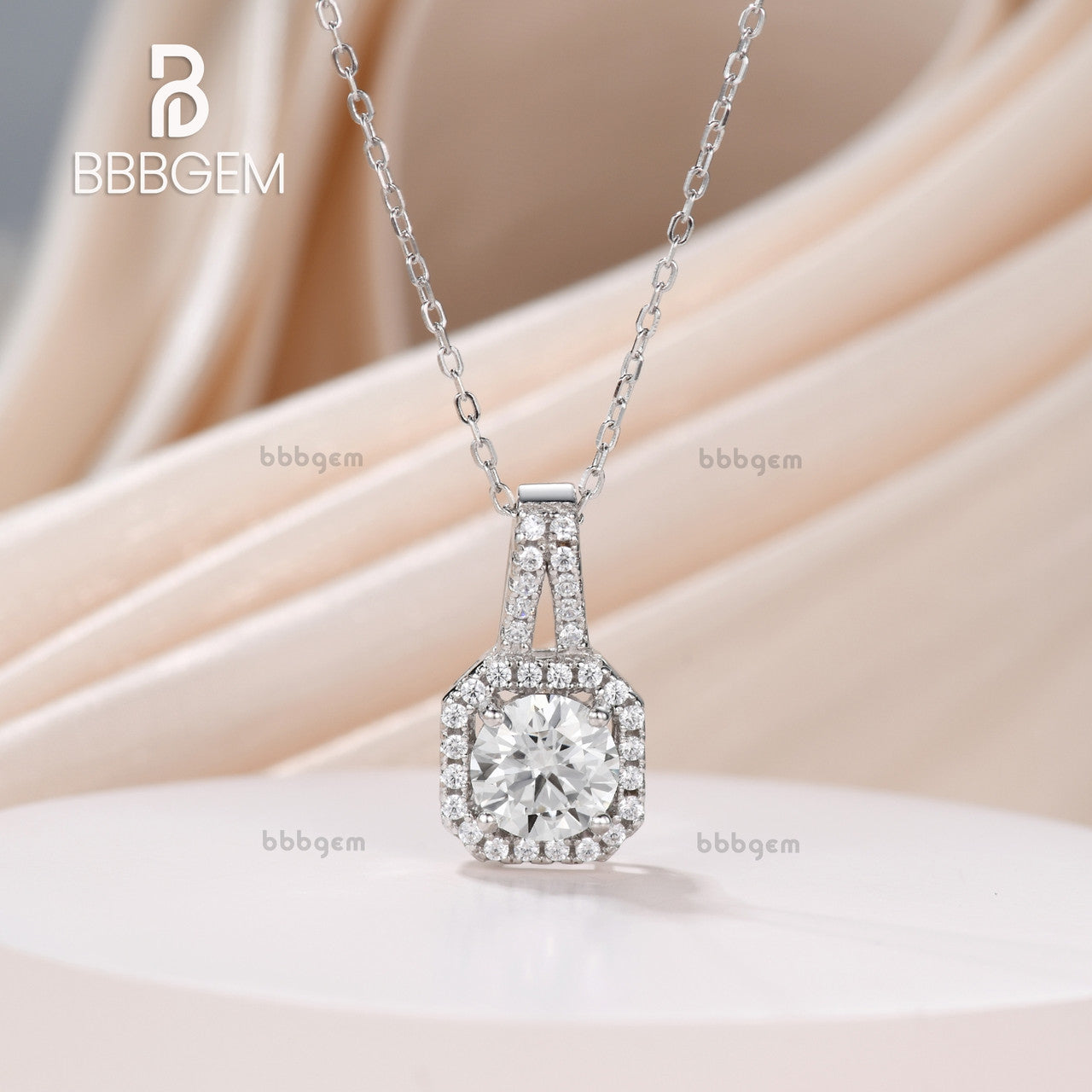 14K White Gold Pave Halo Solitaire Asscher Shape Round Cut Moissanite Dangling Drop Pendant Necklace Women's Gift