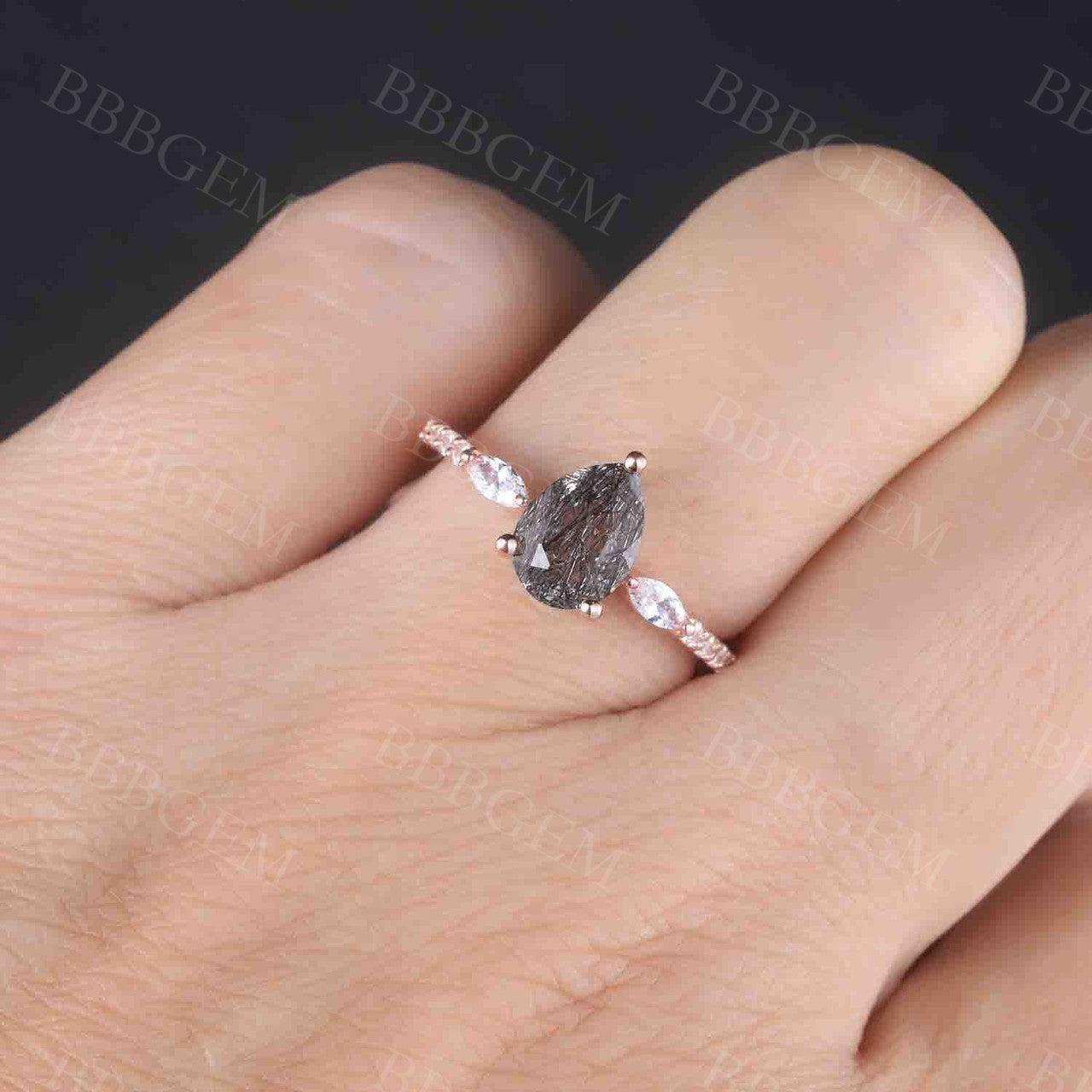 Pear black rutilated quartz wedding ring