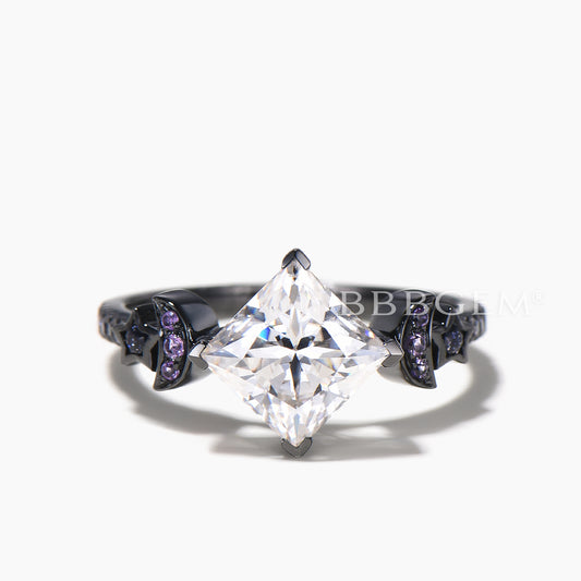 Princess Cut Moissanite Engagement Ring Black Gold Moon Star Blue Sandstone Band