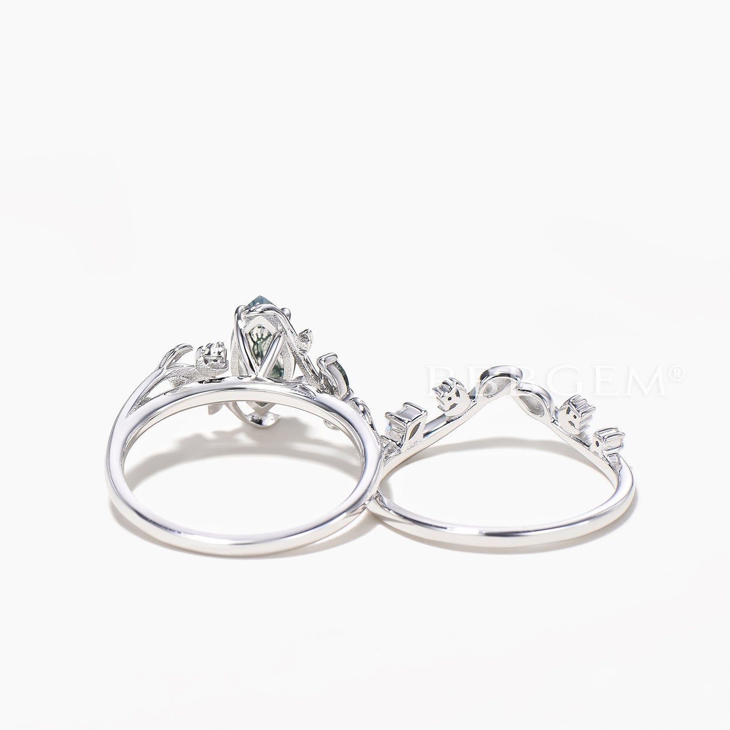 Marquise Cut Natural Moss Agate Leaf Inspired Ring Set Diamond Leaf Band