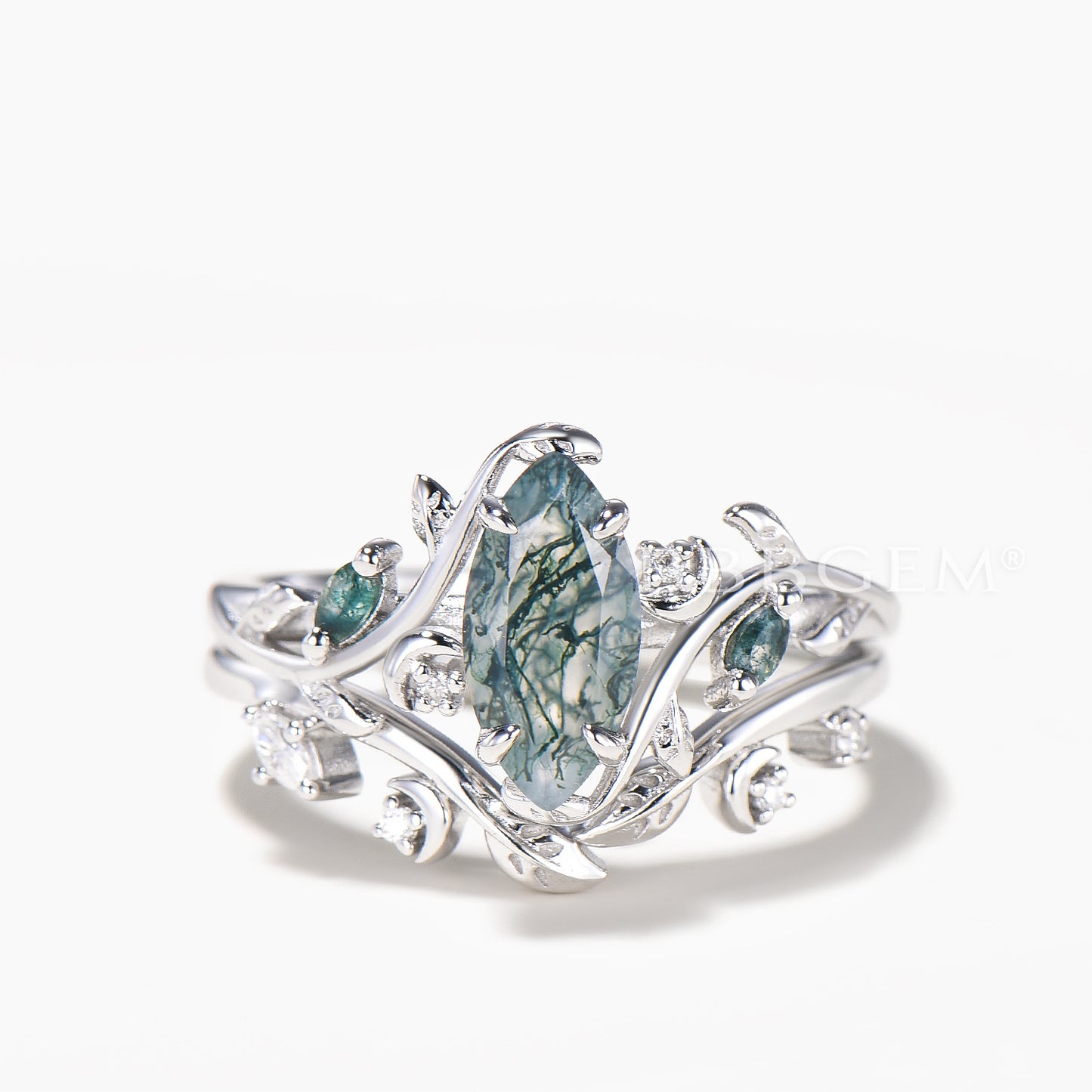 Marquise Cut Natural Moss Agate Leaf Inspired Ring Set Diamond Leaf Band