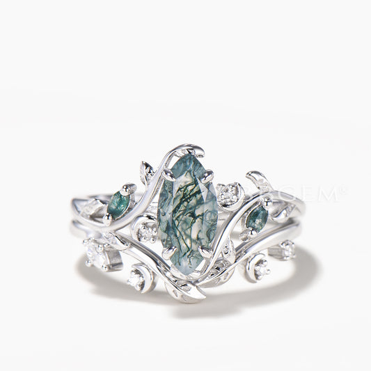 Marquise Cut Natural Moss Agate Leaf Inspired Ring Set Diamond Leaf Band