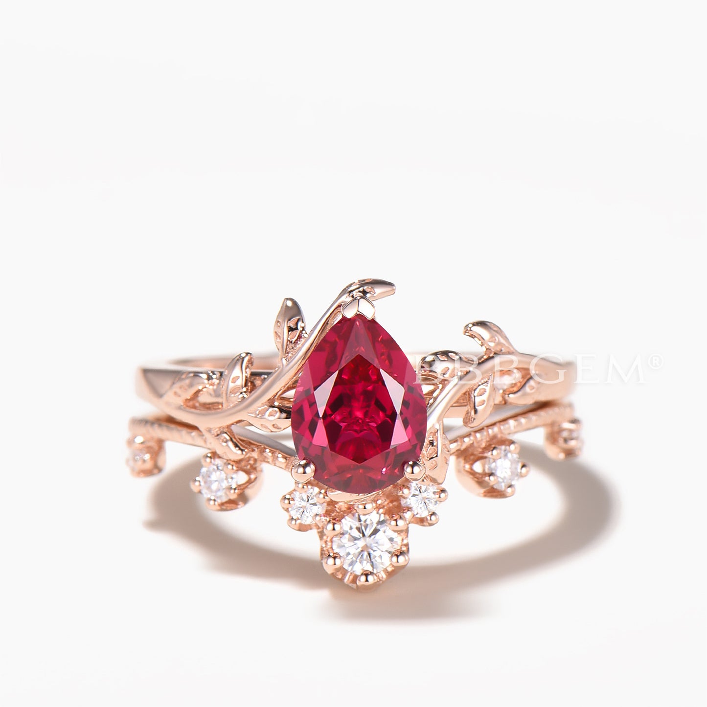 Pear Cut Ruby Solitaire Wedding Ring Moissanite Band Nature Inspire Ring Set