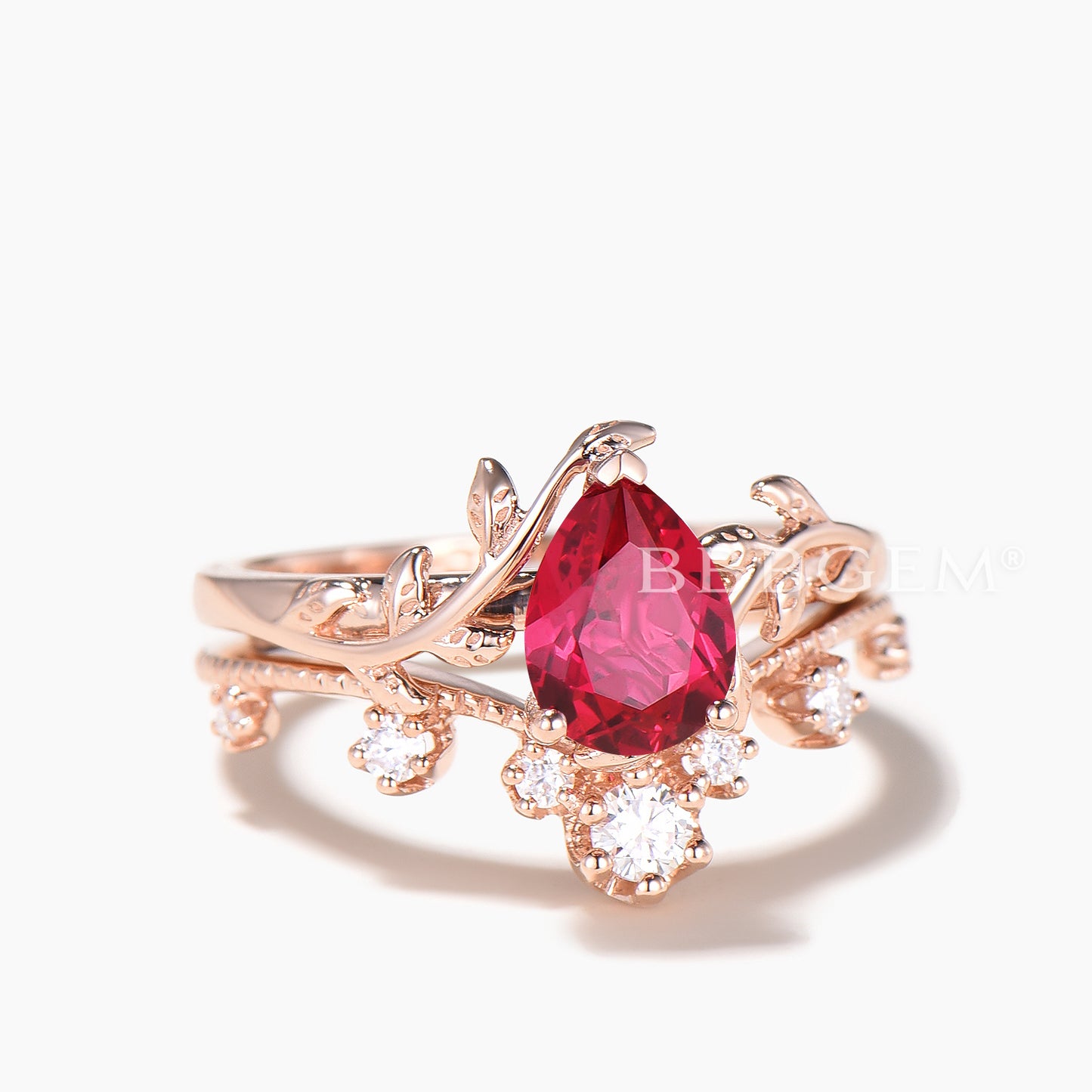 Pear Cut Ruby Solitaire Wedding Ring Moissanite Band Nature Inspire Ring Set