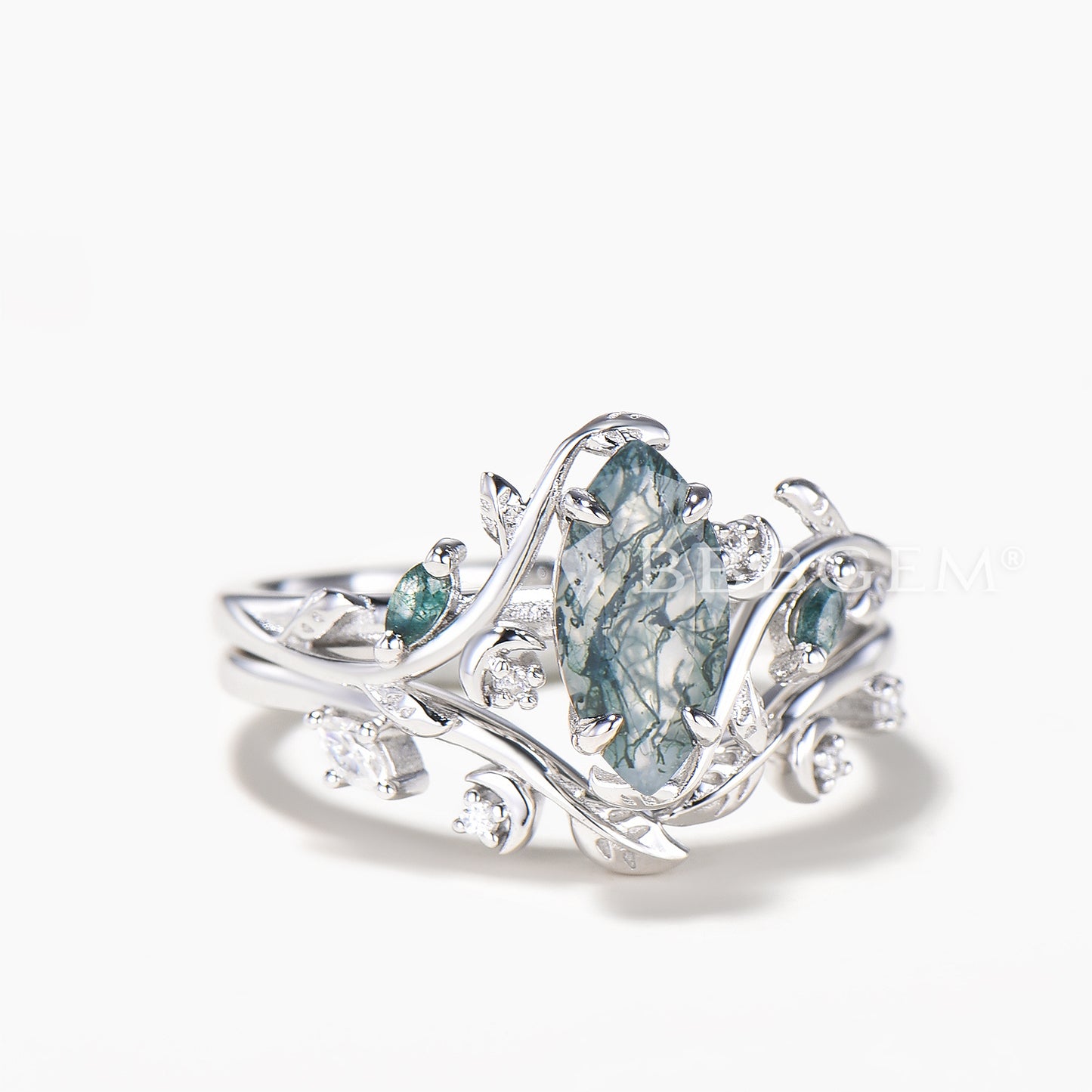 Marquise Cut Natural Moss Agate Leaf Inspired Ring Set Diamond Leaf Band