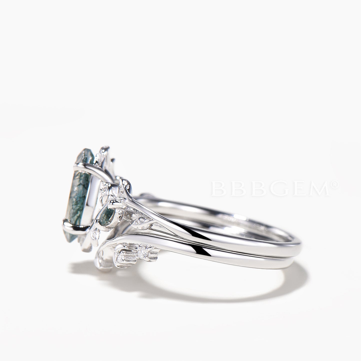Marquise Cut Natural Moss Agate Leaf Inspired Ring Set Diamond Leaf Band