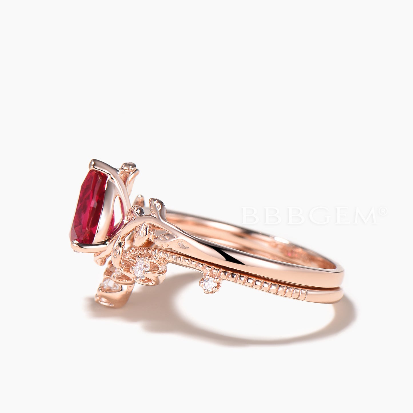 Pear Cut Ruby Solitaire Wedding Ring Moissanite Band Nature Inspire Ring Set