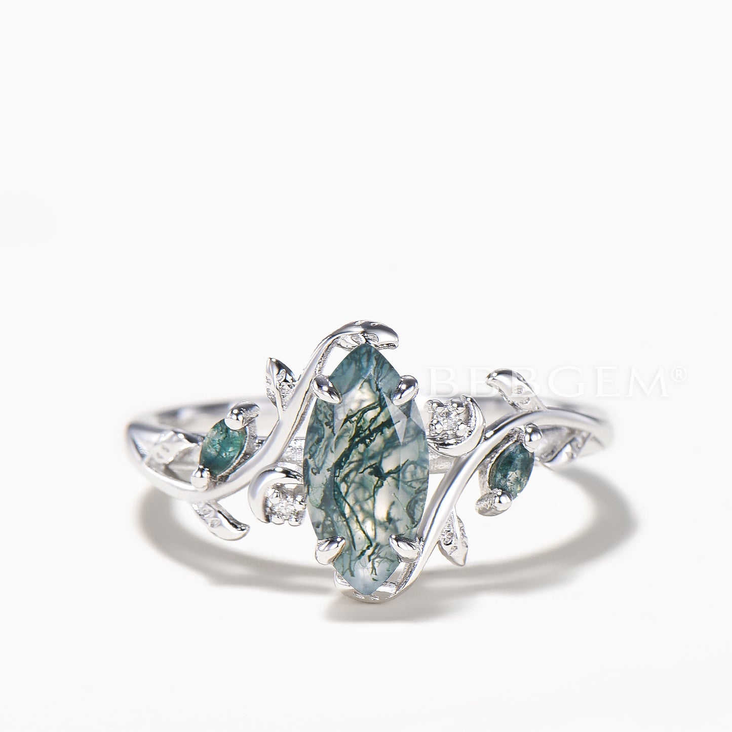 Marquise Cut Natural Moss Agate Leaf Inspired Ring Set Diamond Leaf Band