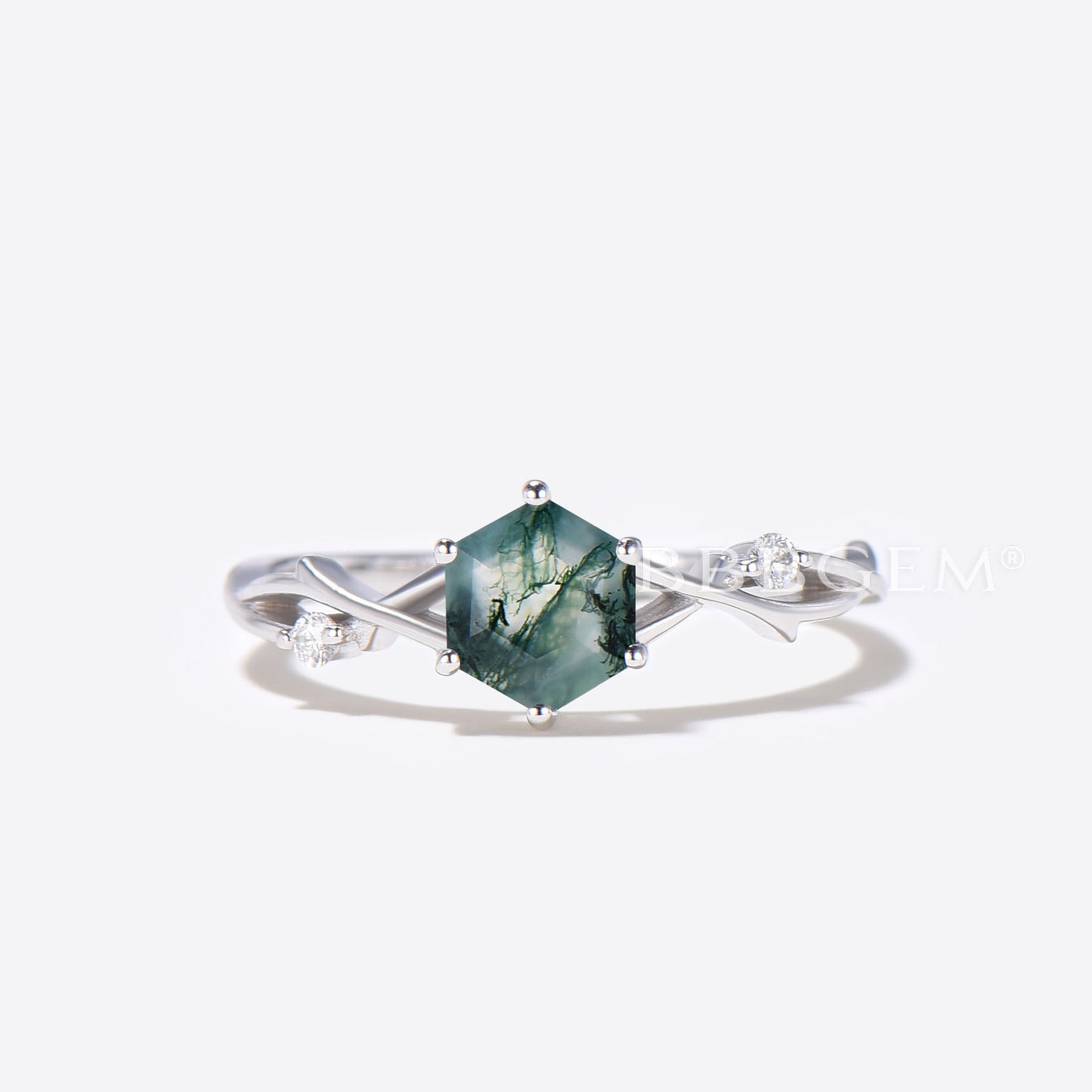 Twisted Vine Moss Agate Moissanite Engagement Ring Hexagon Cut Ring