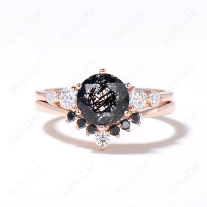 Round Cut Natural Black Rutilated Quartz Engagement Ring Set Vintage 5 Stone Moissanite Ring 14k Rose Gold Black Diamond Bridal Set