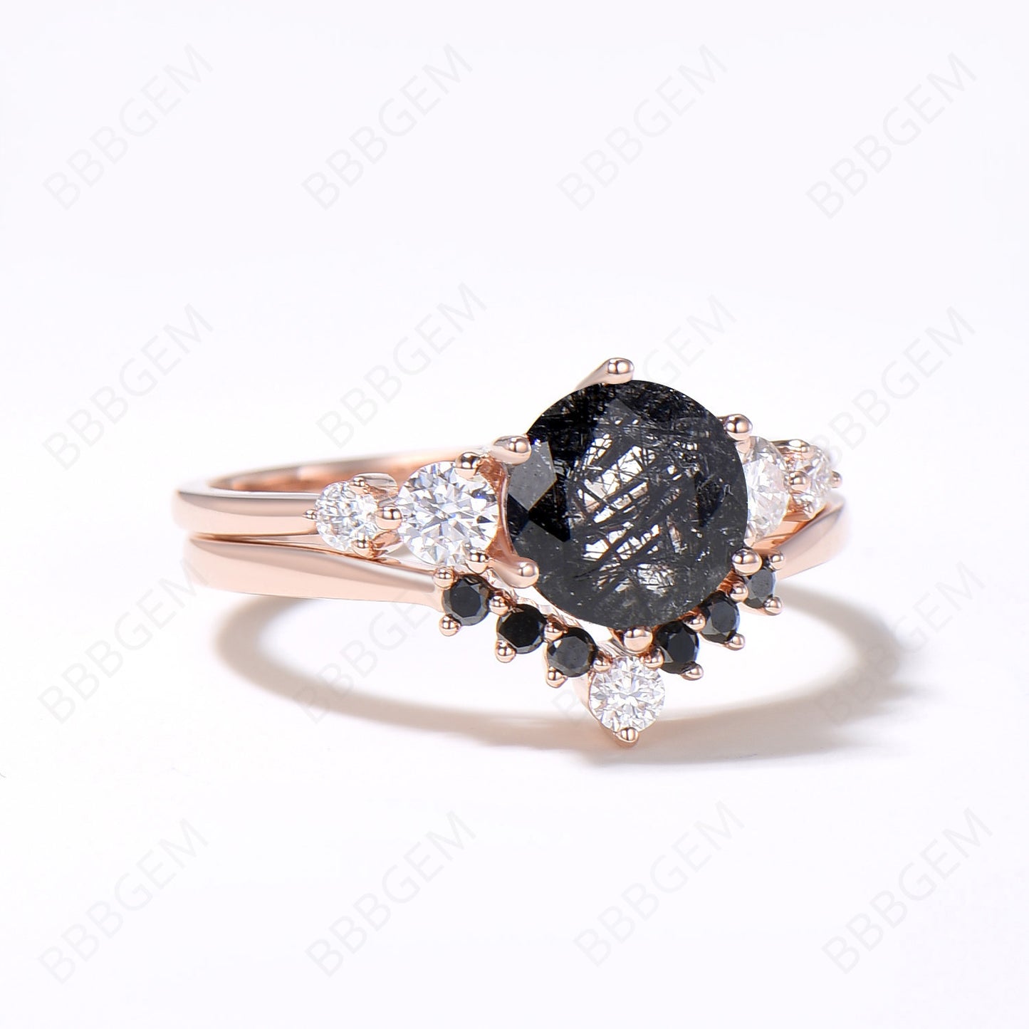 Round Cut Natural Black Rutilated Quartz Engagement Ring Set Vintage 5 Stone Moissanite Ring 14k Rose Gold Black Diamond Bridal Set